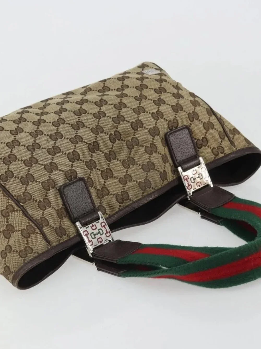 GUCCI GG Canvas Web Sherry Line Hand Bag Beige Red Green 145810 Auth 175735